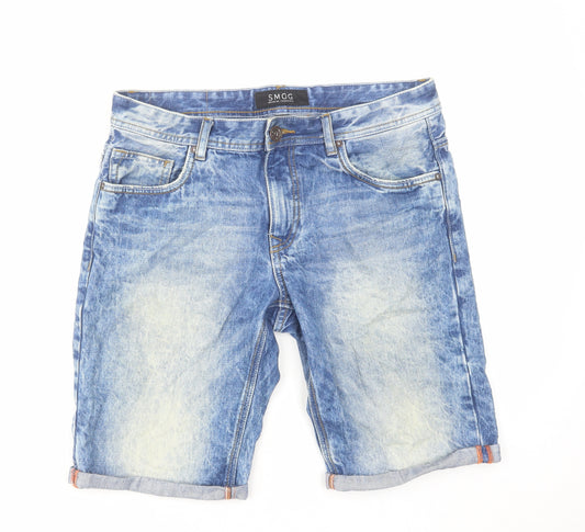 Smog Mens Blue Cotton Chino Shorts Size M L11 in Regular Zip - Acid Wash Effect