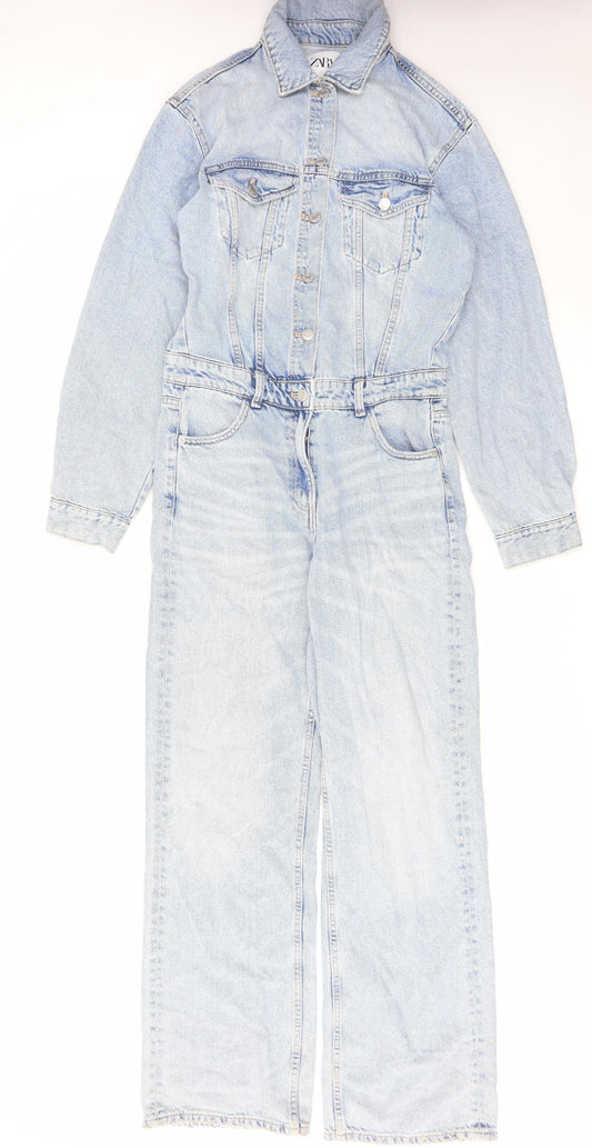 Zara Womens Blue Cotton Coverall One-Piece Size S L32 in Button