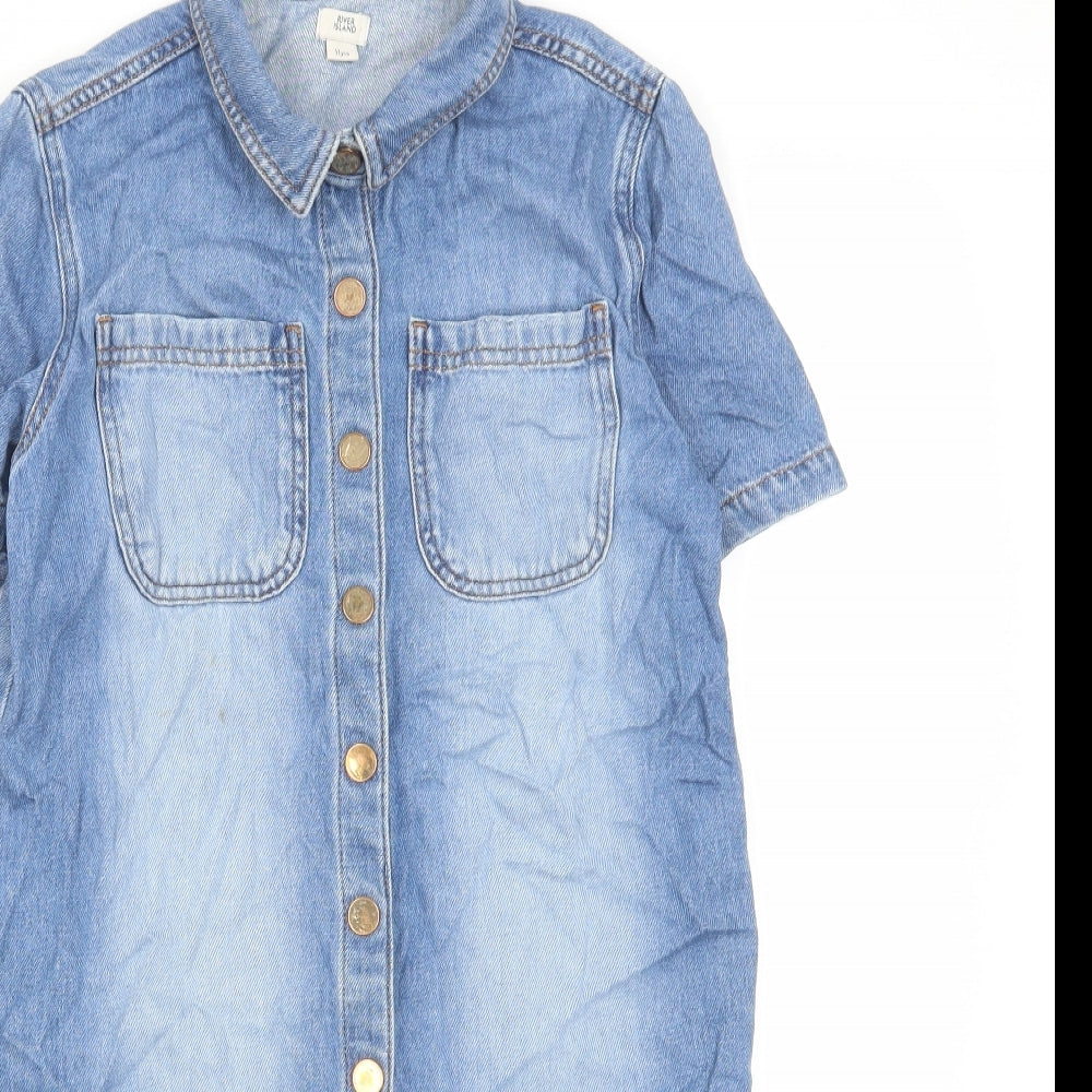 River Island Girls Blue Cotton A-Line Size 11 Years Collared Button