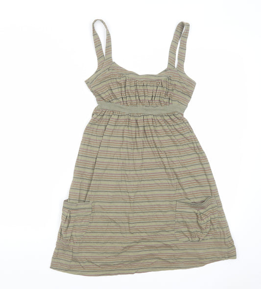 Miss Selfridge Womens Green Striped Cotton Tank Dress Size 8 Round Neck Pullover