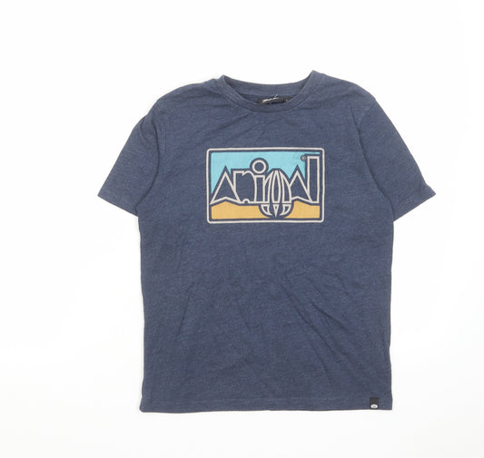 Animal Boys Blue Cotton Basic T-Shirt Size 7-8 Years Round Neck Pullover