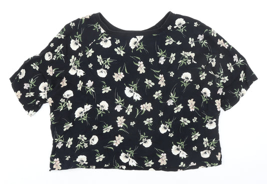 New Look Womens Black Floral Viscose Basic T-Shirt Size 16 Round Neck