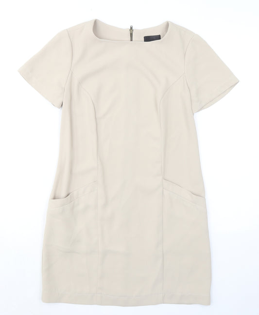 Topshop Womens Beige Polyester A-Line Size 8 Round Neck Zip