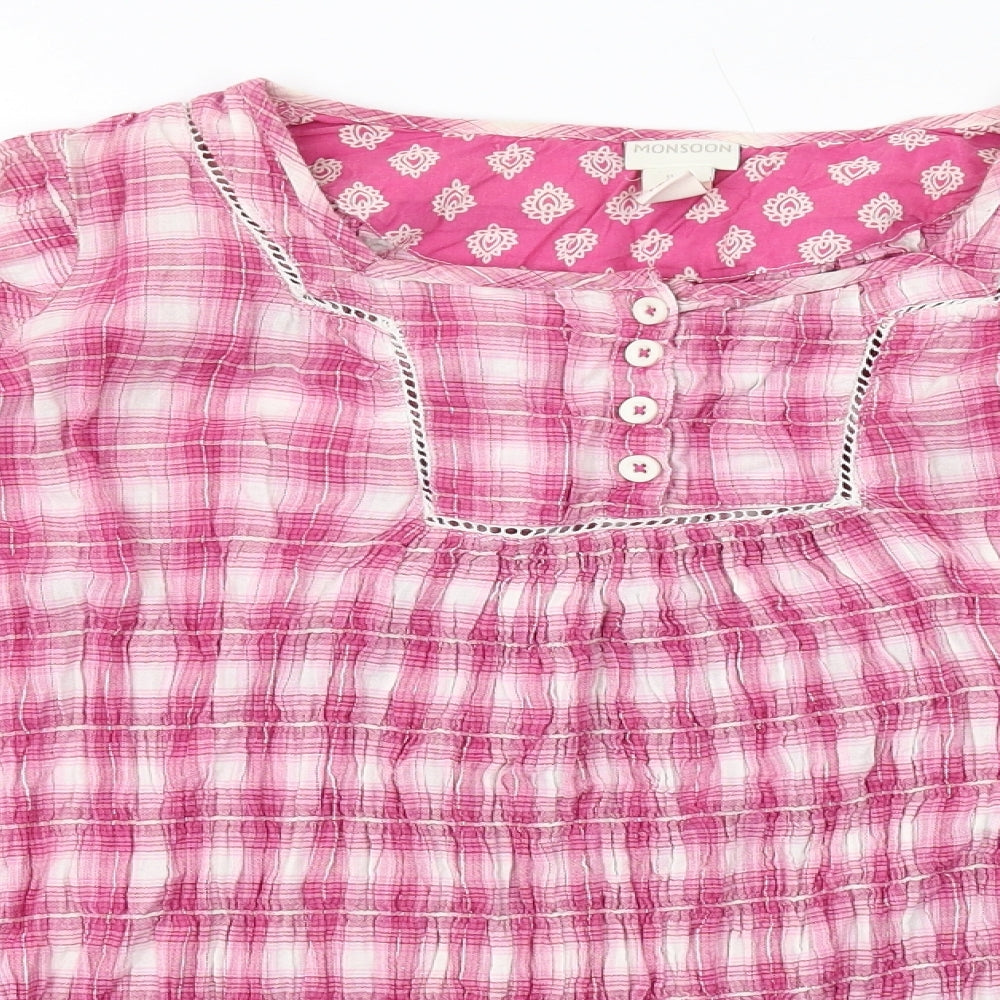 Monsoon Girls Pink Geometric Cotton Basic Blouse Size 11-12 Years Square Neck Pullover