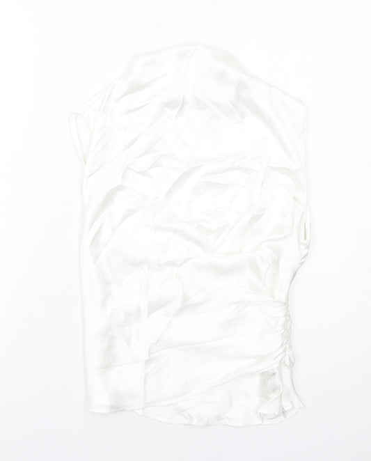 Zara Womens White Polyester Basic Blouse Size S Mock Neck - Ruched Detail