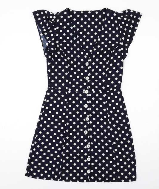Oasis Womens Blue Polka Dot Polyester A-Line Size 8 V-Neck Button
