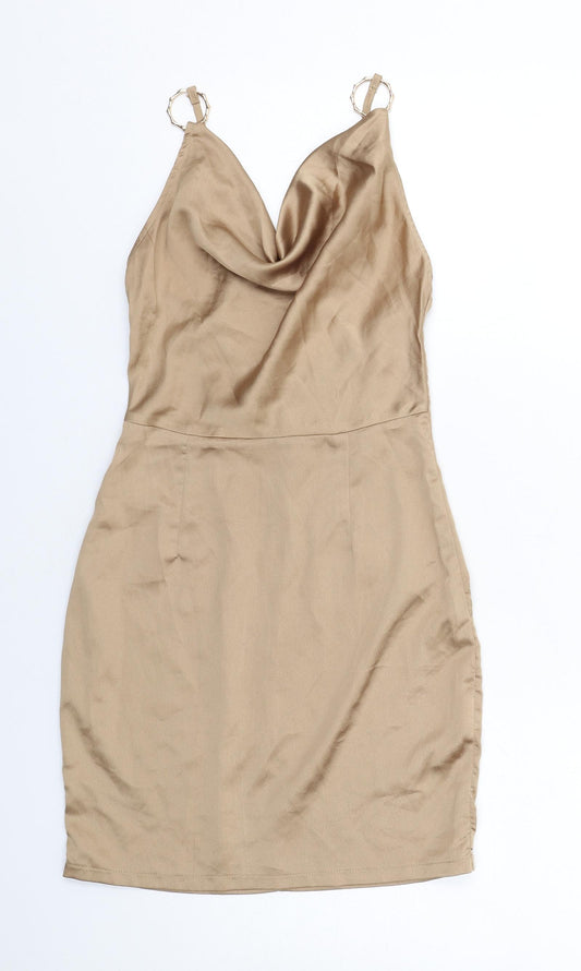 PRETTYLITTLETHING Womens Gold Polyester Slip Dress Size 4 Cowl Neck Zip