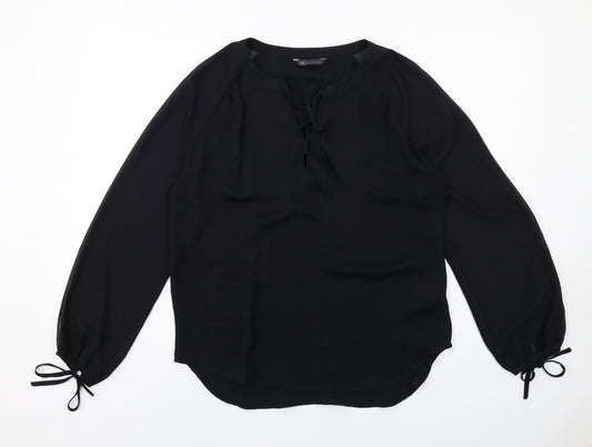 Marks and Spencer Womens Black Polyester Basic Blouse Size 10 V-Neck - Tie Sleeve Detail
