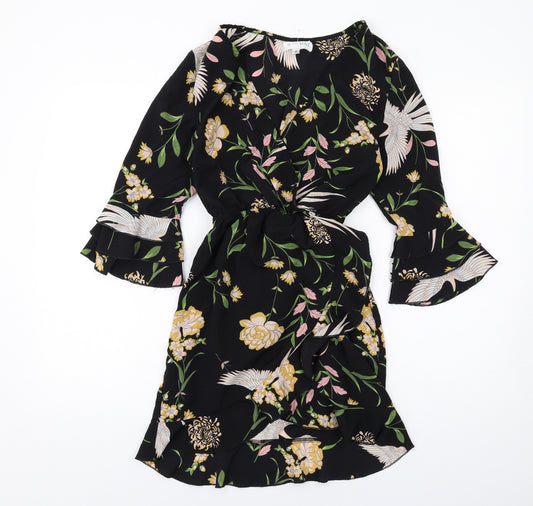 In the Style Womens Black Floral Viscose A-Line Size 8 V-Neck Pullover - Bird pattern