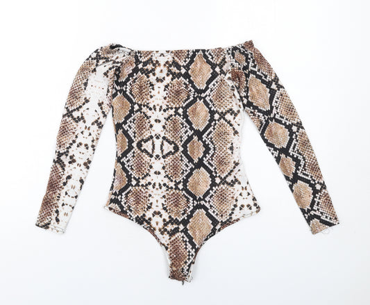 PRETTYLITTLETHING Womens Brown Animal Print Polyester Bodysuit One-Piece Size 8 Snap - Snakeskin Pattern