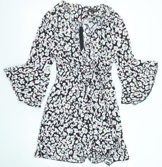 Miss Selfridge Womens Multicoloured Animal Print Viscose Shift Size 8 V-Neck Zip - Leopard pattern