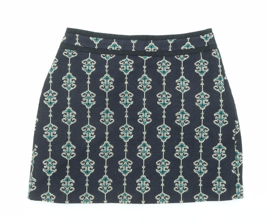 Zara Womens Blue Geometric Cotton Mini Skirt Size S Zip