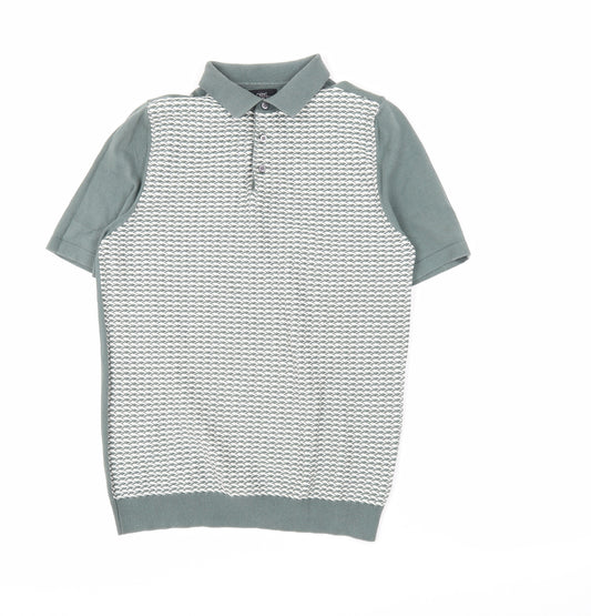 NEXT Mens Green Geometric Cotton Polo Size S Collared Pullover