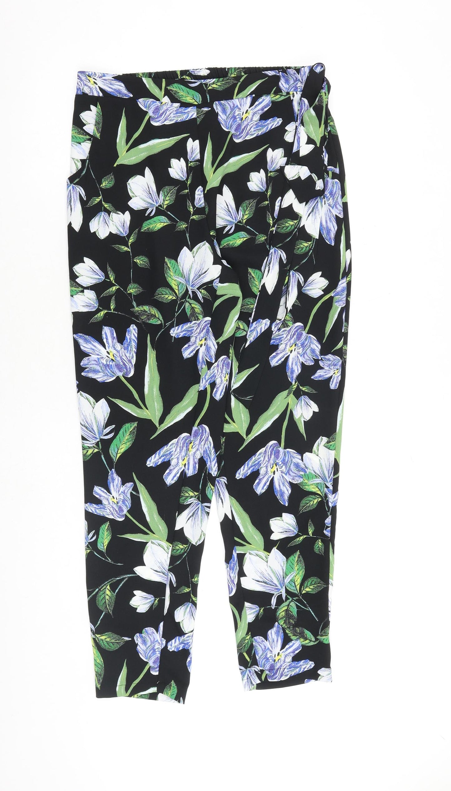 M&Co Womens Black Floral Polyester Trousers Size 12 L27 in Regular Tie