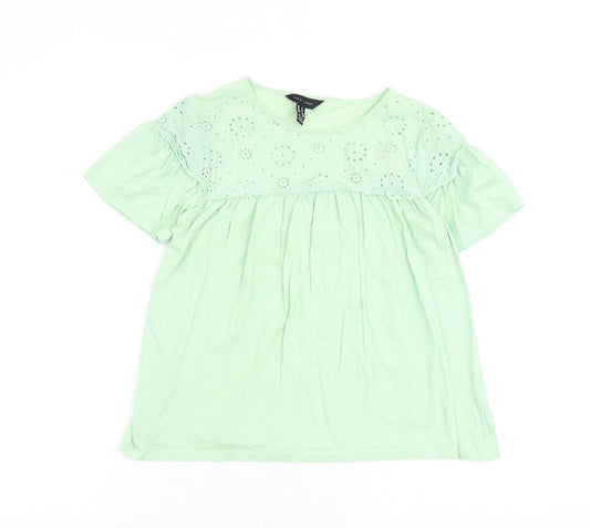 New Look Womens Green 100% Cotton Basic T-Shirt Size 8 Round Neck - Broderie Anglaise Details
