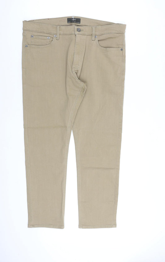Marks and Spencer Mens Beige Cotton Tapered Jeans Size 36 in L29 in Slim Zip