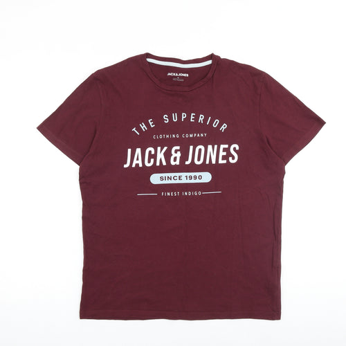 JACK & JONES Mens Red Cotton T-Shirt Size M Round Neck