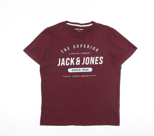 JACK & JONES Mens Red Cotton T-Shirt Size M Round Neck