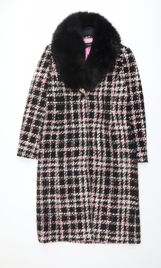 Linea Womens Black Geometric Overcoat Coat Size 10 Button