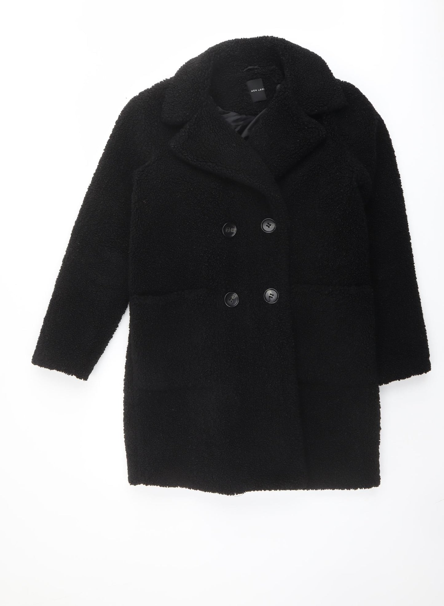 New Look Womens Black Overcoat Coat Size 10 Button - Teddy Bear Style