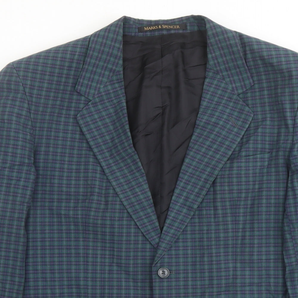 Marks and Spencer Mens Green Plaid Polyester Jacket Blazer Size 40 Regular
