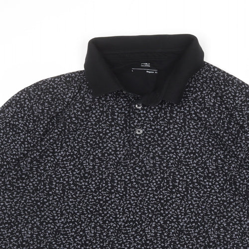Marks and Spencer Mens Black Floral 100% Cotton Polo Size L Collared Button