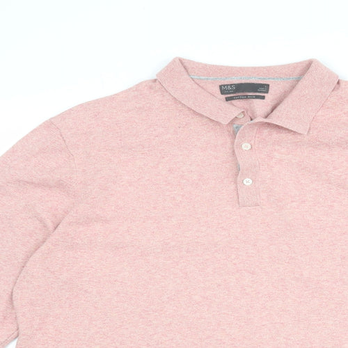Marks and Spencer Mens Pink Cotton Polo Size L Collared Button