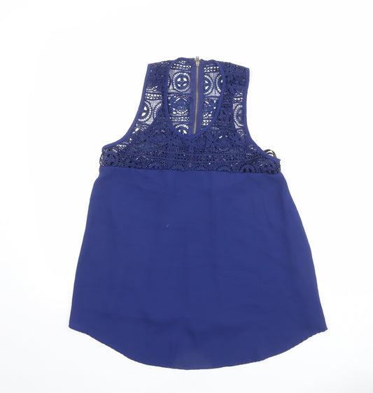 Sweet Journey Womens Blue Polyester Basic Blouse Size S Scoop Neck - Crocheted Lace Detail