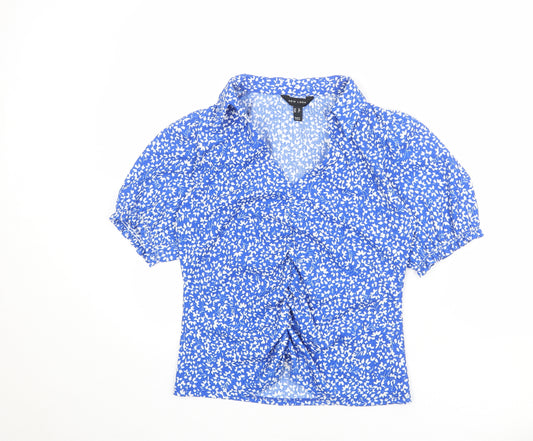 New Look Womens Blue Floral Polyester Basic Blouse Size 12 Collared - Ruched Detail