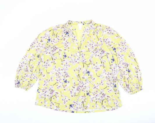 H&M Womens Yellow Floral Polyester Basic Blouse Size S V-Neck
