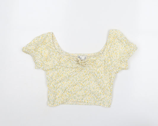 Hollister Womens Yellow Floral Cotton Cropped Blouse Size S Scoop Neck