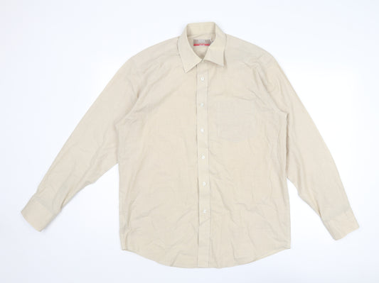 Marks and Spencer Mens Beige Cotton Button-Up Size 16 Collared Button