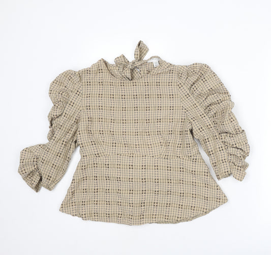 Topshop Womens Beige Check Polyester Basic Blouse Size 12 Round Neck - Cut Out Back Detail