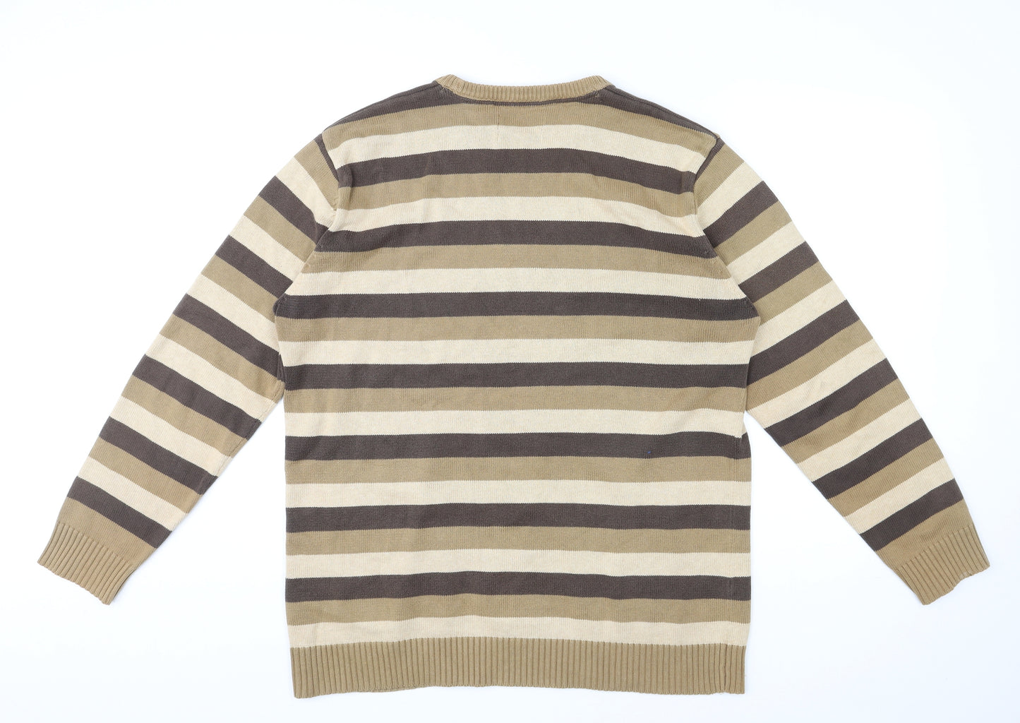 Maine New England Mens Brown Round Neck Striped Cotton Pullover Jumper Size L Long Sleeve
