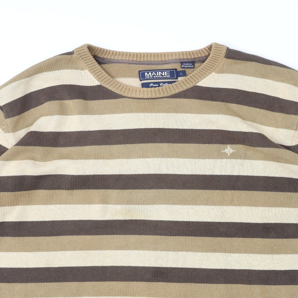 Maine New England Mens Brown Round Neck Striped Cotton Pullover Jumper Size L Long Sleeve