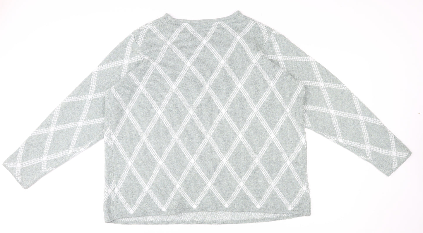 Bonmarché Womens Grey Round Neck Argyle/Diamond Polyester Pullover Jumper Size 22
