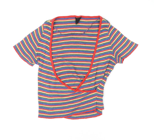 Urban Outfitters Womens Multicoloured Striped Cotton Basic T-Shirt Size S V-Neck - Wrap Front Detail