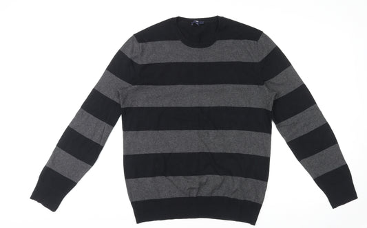 Gap Mens Black Round Neck Striped Cotton Pullover Jumper Size M Long Sleeve
