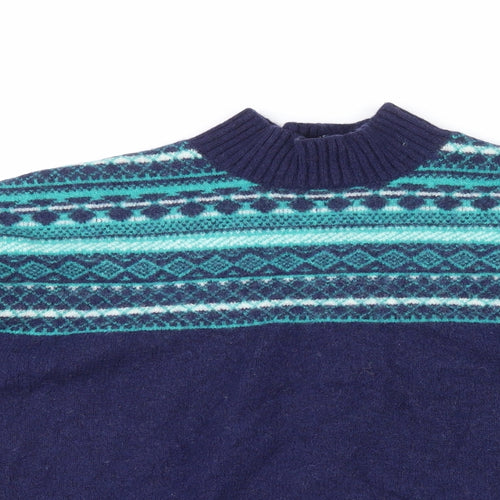 Woolovers Womens Blue High Neck Geometric Wool Pullover Jumper Size L