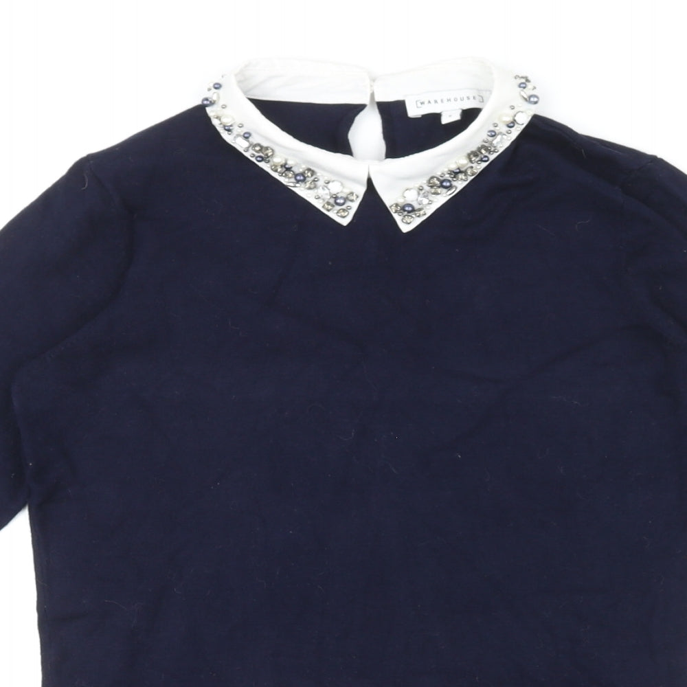 Warehouse Womens Blue Collared Viscose Pullover Jumper Size 8