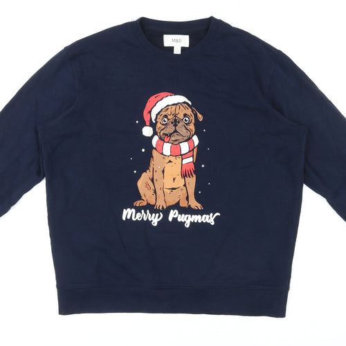 Marks and Spencer Womens Blue 100% Cotton Pullover Sweatshirt Size L Pullover - Christmas Merry Pugmas Dog