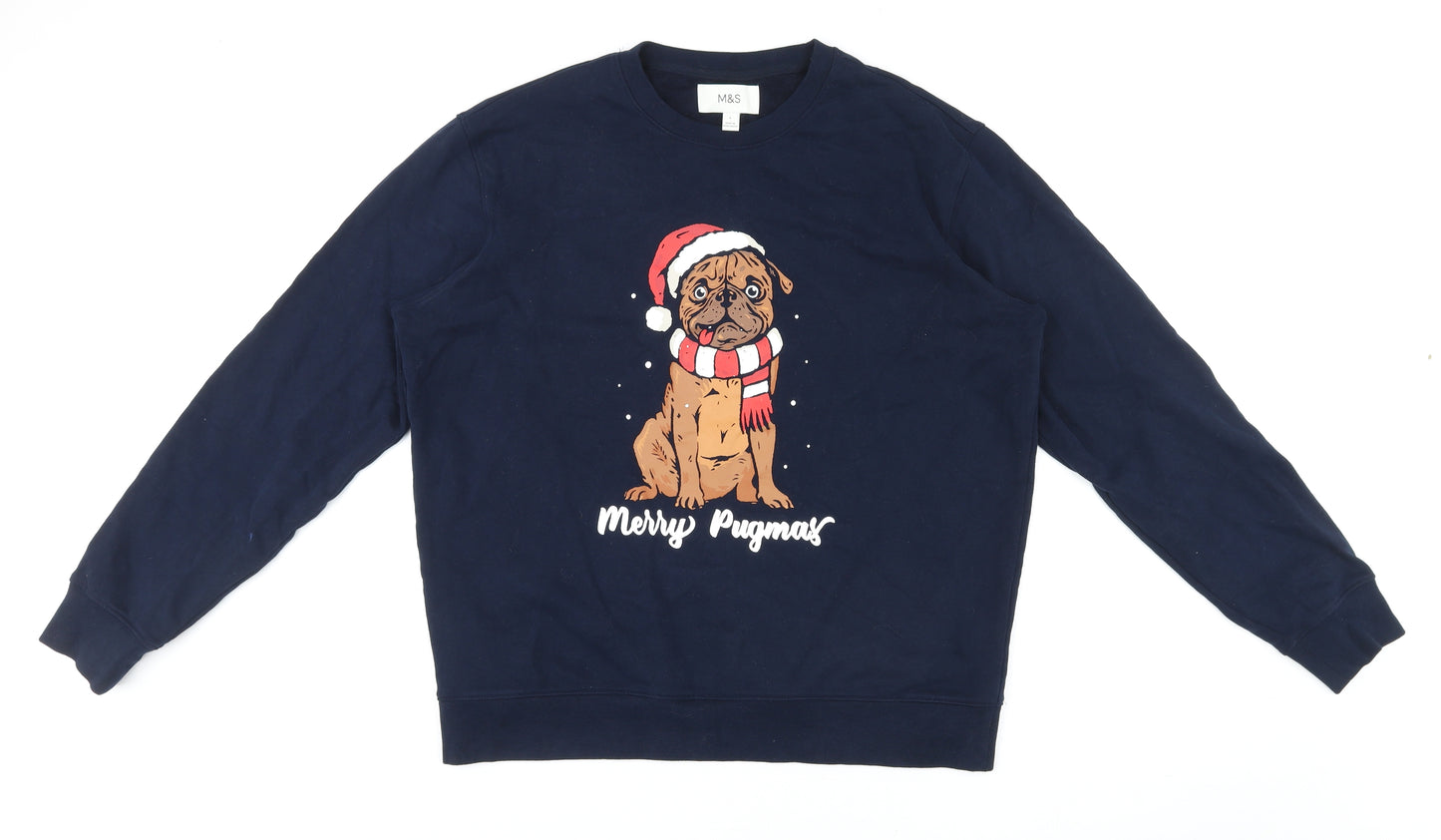 Marks and Spencer Womens Blue 100% Cotton Pullover Sweatshirt Size L Pullover - Christmas Merry Pugmas Dog