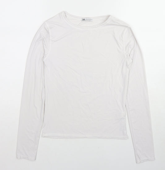 Zara Womens White Polyamide Basic T-Shirt Size L Crew Neck