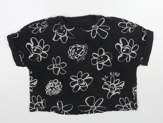 NEXT Girls Black Floral Cotton Cropped T-Shirt Size 8 Years Round Neck Pullover - Stay Positive, Be Kind
