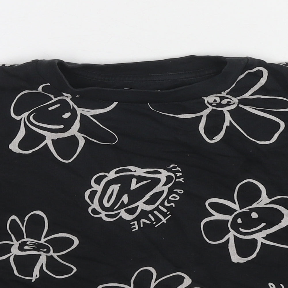 NEXT Girls Black Floral Cotton Cropped T-Shirt Size 8 Years Round Neck Pullover - Stay Positive, Be Kind