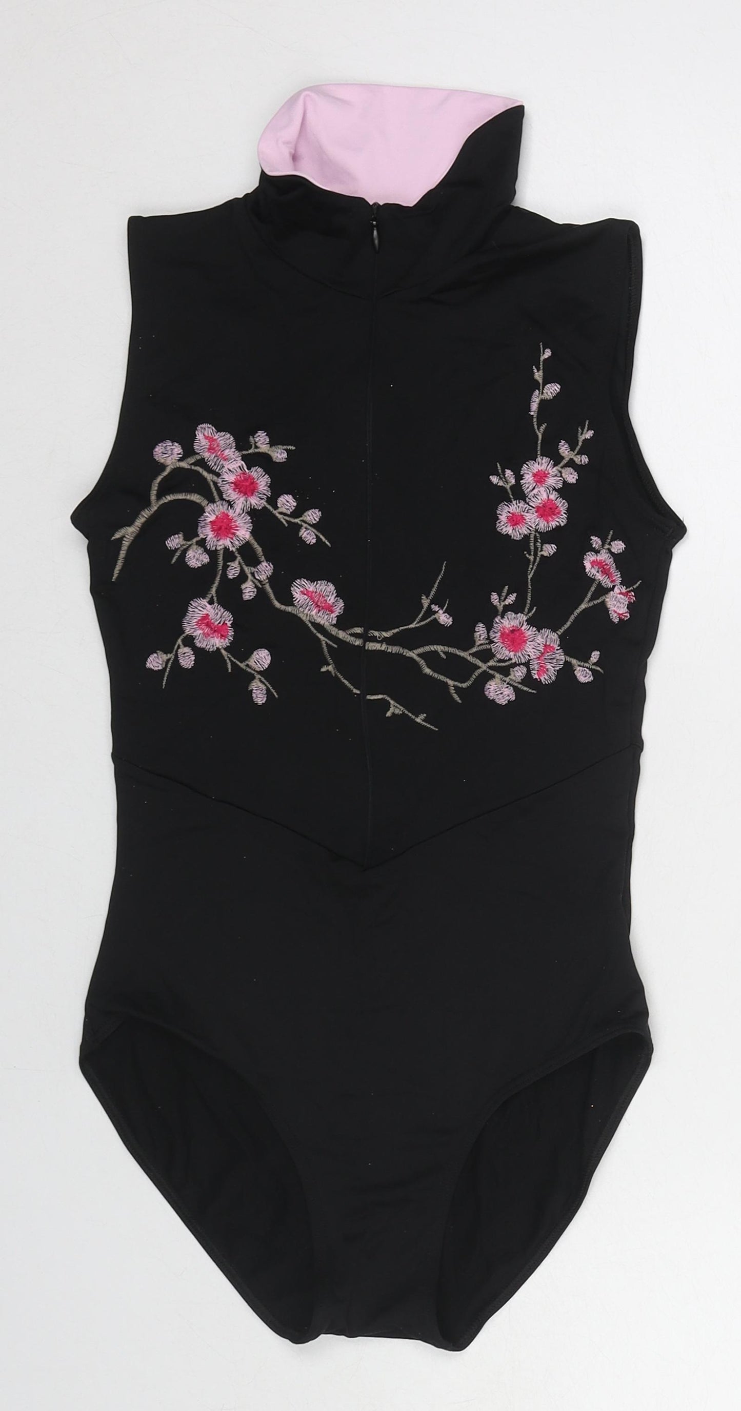 Isabelle Ciaravola Womens Black Polyester Bodysuit One-Piece Size 12 Zip - Flower Detail