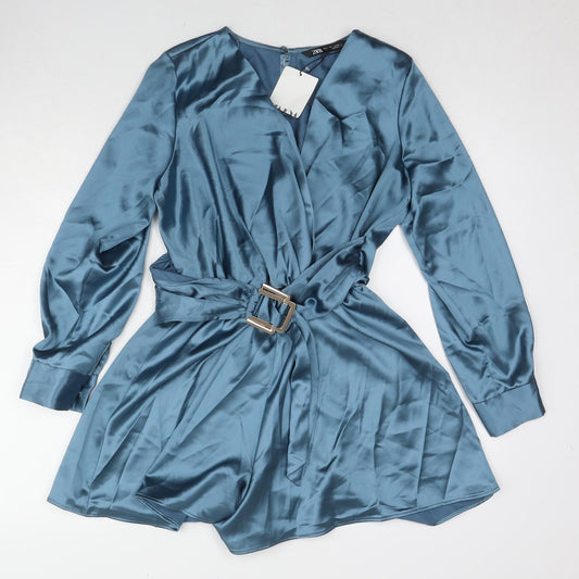 Zara Womens Blue Polyester Playsuit One-Piece Size S Button