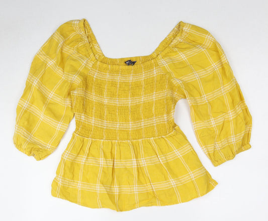 Marks and Spencer Womens Yellow Plaid Cotton Basic Blouse Size 10 Off the Shoulder - Peplum