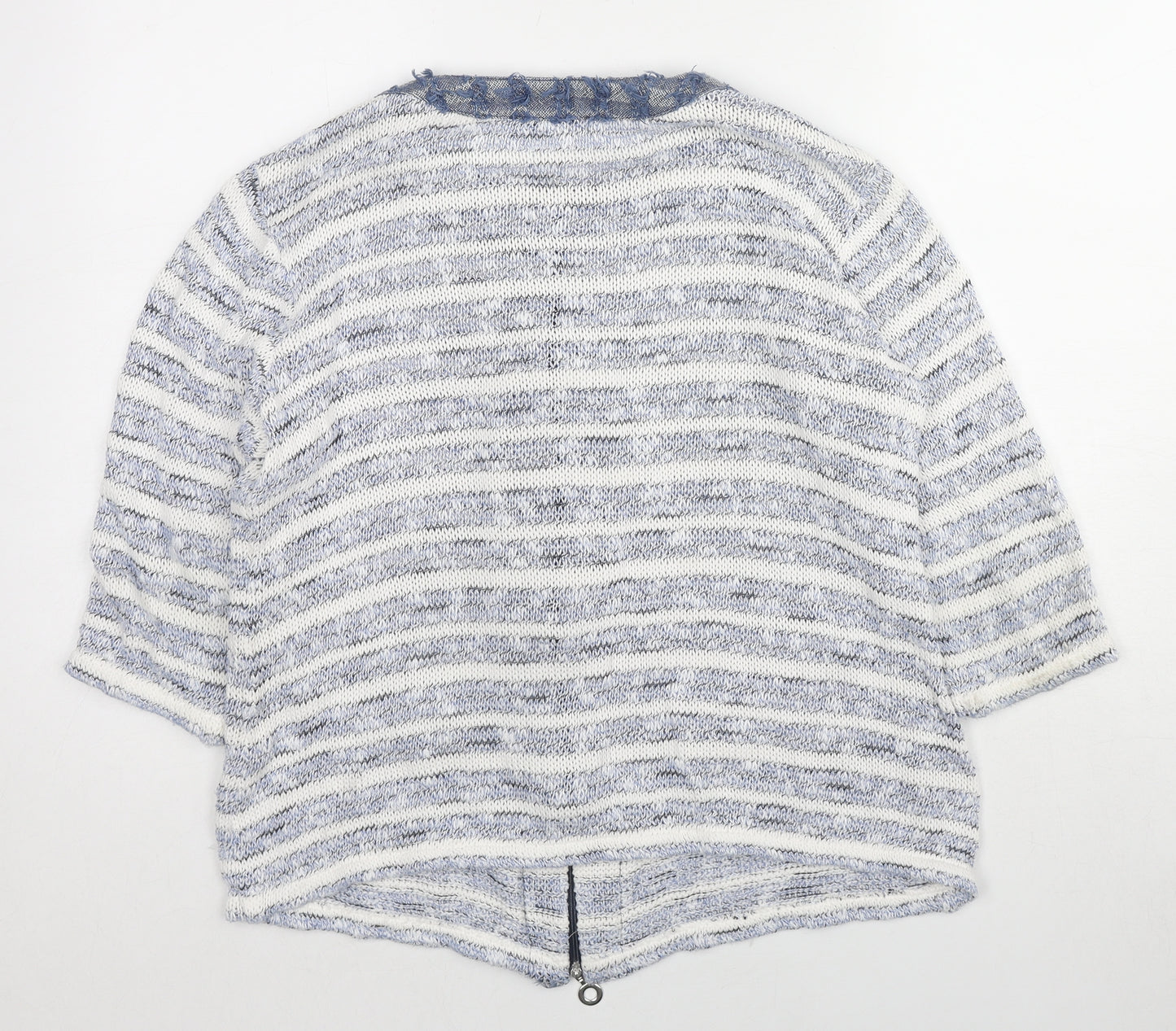 FRANK WALDER Womens Blue Round Neck Striped Cotton Full Zip Jumper Size 16