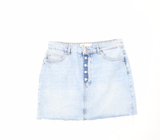 Zara Womens Blue Cotton Mini Skirt Size L Button